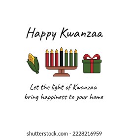 Happy Kwanzaa minimalist greeting card with Kinara seven candles, corn and gift box. Card message, Wish for Kwanzaa African American heritage holiday. Vector illustration isolated on white.