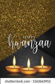 Happy Kwanzaa poster or flyer background with burning candles, golden lettering and particles. Traditional holiday design concept. Vector illustration.