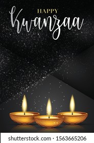 Happy Kwanzaa poster or flyer background with burning candles, silver lettering and particles. Traditional holiday design concept. Vector illustration.