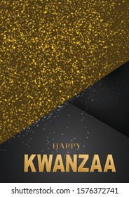 Happy Kwanzaa poster or flyer background with golden lettering and particles. Traditional holiday design concept. Vector illustration.