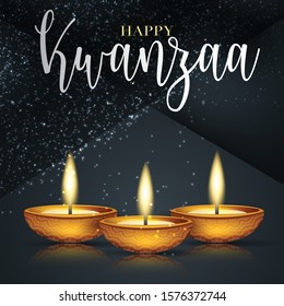 Happy Kwanzaa poster or flyer background with burning candles, silver lettering and particles. Traditional holiday design concept. Vector illustration.