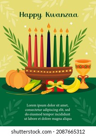 Happy Kwanzaa poster greeting card. African American holiday festival template for your design with kinara. Vector illustration