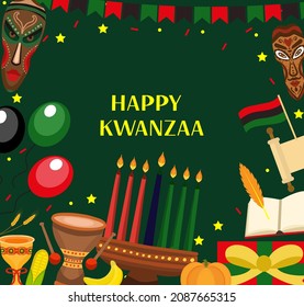 Happy Kwanzaa poster greeting card. African American holiday festival template for your design with kinara. Vector illustration