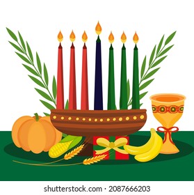 Happy Kwanzaa poster greeting card. African American holiday festival template for your design with kinara. Vector illustration