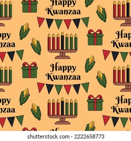 Happy Kwanzaa seamless pattern background in Modern flat style with Kinara candle holder, corn, gift box, text. Vector wallpaper design, wrapping paper, print, textile design, repeat texture