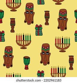 Happy Kwanzaa. Seamless pattern with kinaras. Traditional Kwanzaa symbols. Print for textile, wallpaper, covers, surface. Retro stylization. For fashion fabric. Tribal pattern