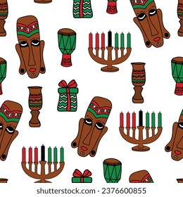 Frohes Kwanzaa. Nahtloses Muster mit Kinaras. Afroamerikanische Feiertage. Traditionelle Kwanzaa-Symbole.