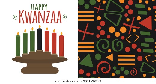 Happy Kwanzaa - set of vector illustration of candle holder kinara isolated on white with seven candles and Tribal African ethnic seamless pattern background with simple lines and figures.