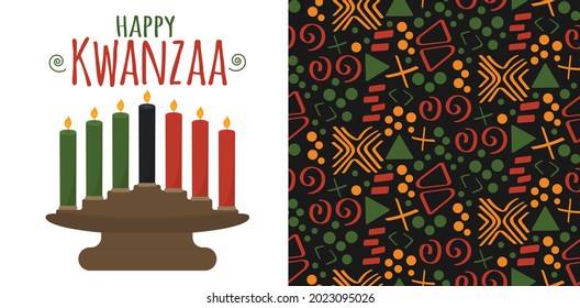 Happy Kwanzaa - set of vector illustration of candle holder kinara isolated on white with seven candles and Tribal African ethnic seamless pattern background with simple lines, figures