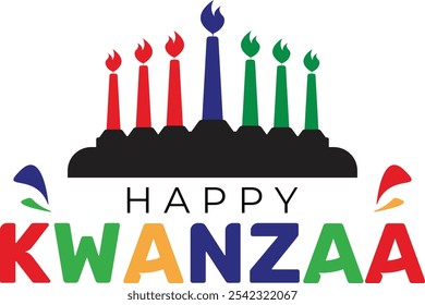 Happy kwanzaa with seven candles. Holiday african symbols with lettering on white background.