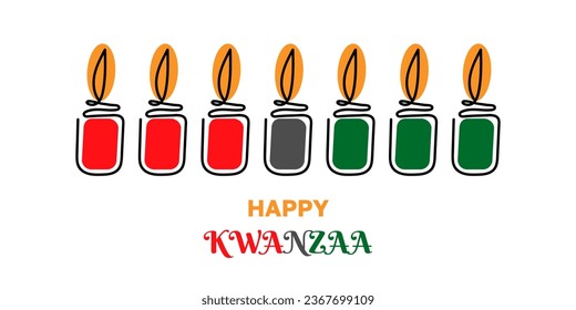 Happy Kwanzaa. Seven Mishumaa Sabaa candles in traditional African colors red, black, green. One line art drawing candles for Kwanzaa festival. Flat vector illustration.