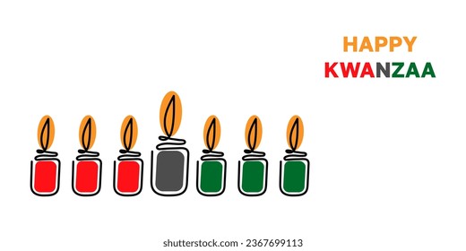 Happy Kwanzaa. Seven Mishumaa Sabaa candles in traditional African colors red, black, green. One line art drawing candles for Kwanzaa festival. Flat vector illustration.