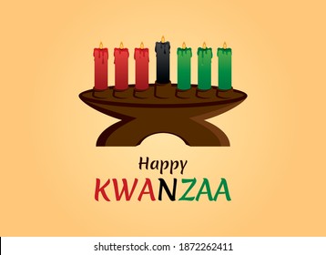 Happy Kwanzaa Sign with kinara candlestick vector. Kinara candlestick holder with seven burning candles vector. African American cultural holiday. Important day