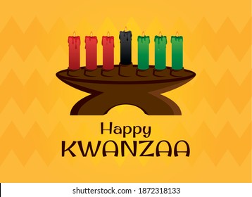 Happy Kwanzaa Sign with kinara candlestick vector. Kinara candlestick holder with seven burning candles vector. African American cultural holiday. Important day