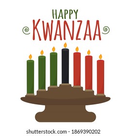 Happy Kwanzaa - text. African American ethnic cultural holiday. Candle holder kinara vector illustration isolated on white. Seven candles - black, red, white color in a candlestick.