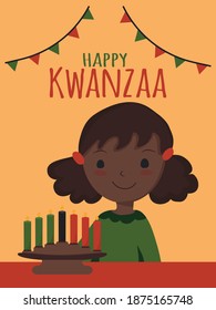 Happy Kwanzaa - text. African American ethnic cultural holiday. Cute little African American black curly girl  with candle holder kinara vector illustration isolated. Seven candles celebration symbol.