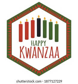 Happy Kwanzaa - text. Greeting card for African-American ethnic holiday heritage with seven traditional colored candles - black, green, red. Vector isolated in African tribal ornament frame