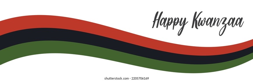 Happy Kwanzaa text lettering logo. Horizontal banner design with Pan African flag with red, black, green stripes. Vector illustration isolated on white background.