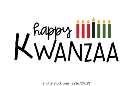 Happy Kwanzaa text logo with simple minimalist icon of Kwanzaa seven candles in Kinara candle holder. Vector illustration isolated on white background. Design for greeting card, poster