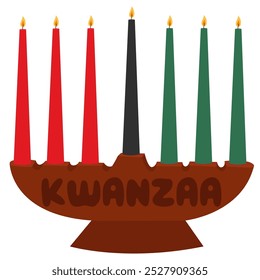 Happy Kwanzaa. Traditional candle holder - Kinara with 7 candles, symbolizing principles of Kwanzaa. African American cultures festival. 