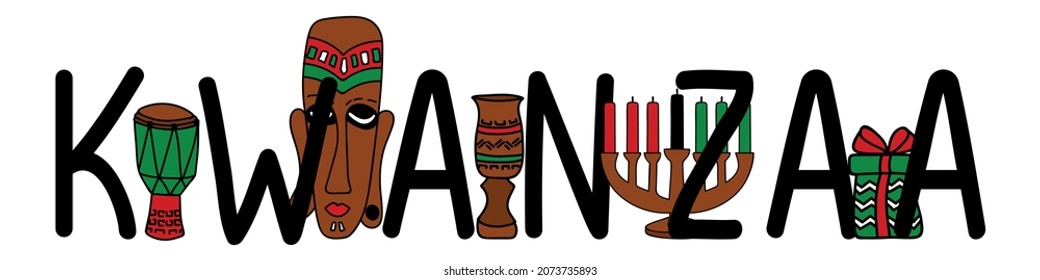 Happy Kwanzaa. Traditional Kwanzaa symbols. Isolated on white background. African American holidays banner