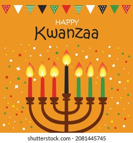 Happy Kwanzaa vector flat illustration on bright yellow background with confetti. African celebration cute design card.