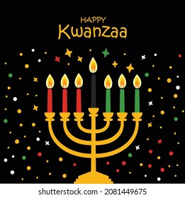 Happy Kwanzaa vector flat illustration on black dark background with confetti. African celebration cute design card.