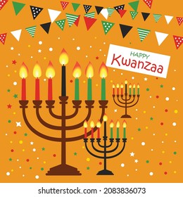 Happy Kwanzaa vector flat illustration on bright yellow background with confetti and candels. African celebration cute design card.