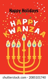 Happy Kwanzaa vector flat illustration candels on red background with confetti. African celebration cute design card.