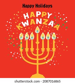 Happy Kwanzaa vector flat illustration on red background with confetti. African celebration cute design card.