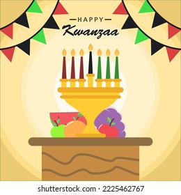 Happy Kwanzaa vector flat illustration on fruits and hanging decoration background. African celebration cute design card