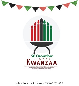 Happy Kwanzaa vector flat illustration. Traditional african american ethnic holiday design concept with candle holder menorah and burning candles.