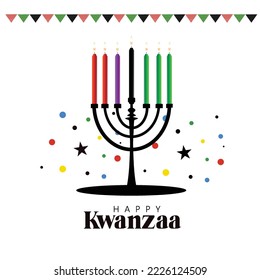 Happy Kwanzaa vector flat illustration. Traditional african american ethnic holiday design concept with candle holder menorah and burning candles.