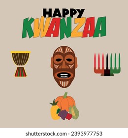 Happy Kwanzaa vector flat illustration. Traditional african american ethnic holiday design concept with candle holder menorah and burning candles.