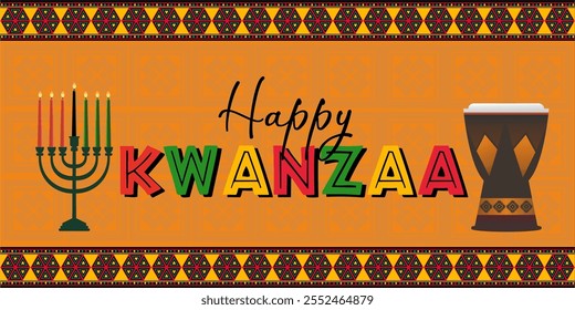 Feliz Kwanzaa. Fundo de ilustração vetorial com sete velas e padrões festivos.