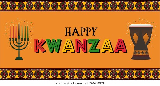 Feliz Kwanzaa. Fundo de ilustração vetorial com sete velas e padrões festivos.