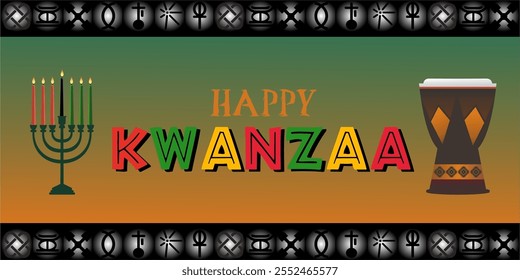 Feliz Kwanzaa. Vetor fundo ilustração com sete velas e sete princípios de Kwanzaa sinais padrões.