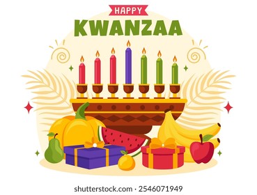 Ilustración vectorial feliz de Kwanzaa con Mazao, Zawadi, Mkeka, Kinara, regalos y velas como símbolos tradicionales africanos de Festiva en un fondo