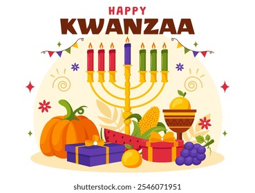 Happy Kwanzaa Vector Illustration Featuring Mazao, Zawadi, Mkeka, Kinara, Gifts, and Candles as Traditional African Holiday Symbols in a Background