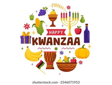 Happy Kwanzaa Vector Illustration Featuring Mazao, Zawadi, Mkeka, Kinara, Gifts, and Candles as Traditional African Holiday Symbols in a Background