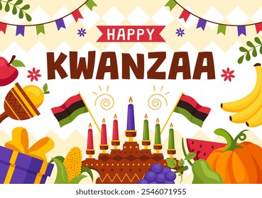 Happy Kwanzaa Vector Illustration Featuring Mazao, Zawadi, Mkeka, Kinara, Gifts, and Candles as Traditional African Holiday Symbols in a Background