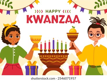 Happy Kwanzaa Vector Illustration Featuring Mazao, Zawadi, Mkeka, Kinara, Gifts, and Candles as Traditional African Holiday Symbols in a Background