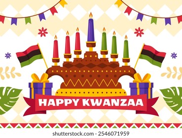 Happy Kwanzaa Vector Illustration Featuring Mazao, Zawadi, Mkeka, Kinara, Gifts, and Candles as Traditional African Holiday Symbols in a Background