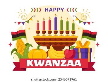 Happy Kwanzaa Vector Illustration Featuring Mazao, Zawadi, Mkeka, Kinara, Gifts, and Candles as Traditional African Holiday Symbols in a Background