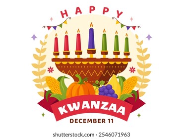 Happy Kwanzaa Vector Illustration Featuring Mazao, Zawadi, Mkeka, Kinara, Gifts, and Candles as Traditional African Holiday Symbols in a Background