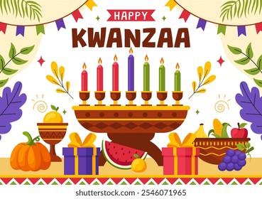 Happy Kwanzaa Vector Illustration Featuring Mazao, Zawadi, Mkeka, Kinara, Gifts, and Candles as Traditional African Holiday Symbols in a Background