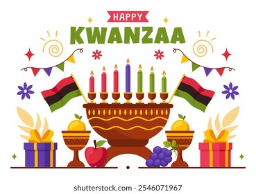 Happy Kwanzaa Vector Illustration Featuring Mazao, Zawadi, Mkeka, Kinara, Gifts, and Candles as Traditional African Holiday Symbols in a Background