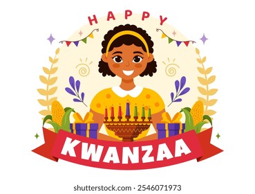 Happy Kwanzaa Vector Illustration Featuring Mazao, Zawadi, Mkeka, Kinara, Gifts, and Candles as Traditional African Holiday Symbols in a Background