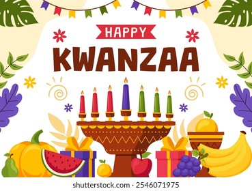 Happy Kwanzaa Vector Illustration Featuring Mazao, Zawadi, Mkeka, Kinara, Gifts, and Candles as Traditional African Holiday Symbols in a Background