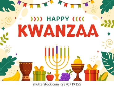 Happy Kwanzaa Vector Illustration with Mazao, Zawadi, Mkeka, Kinara, Gifts, Cup, Candles in Traditional Holiday African Symbol Flat Cartoon Background